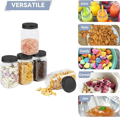 novelinks 16 oz Clear Plastic Jars with Lids, Refillable 16oz Mason Jars with Lids & Storage Containers for Kitchen & Household Use (15 Pack,Black)