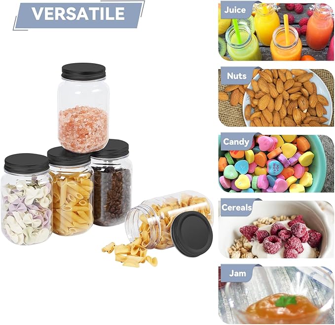 novelinks 16 oz Clear Plastic Jars with Lids, Refillable 16oz Mason Jars with Lids & Storage Containers for Kitchen & Household Use (5 Pack,Black)