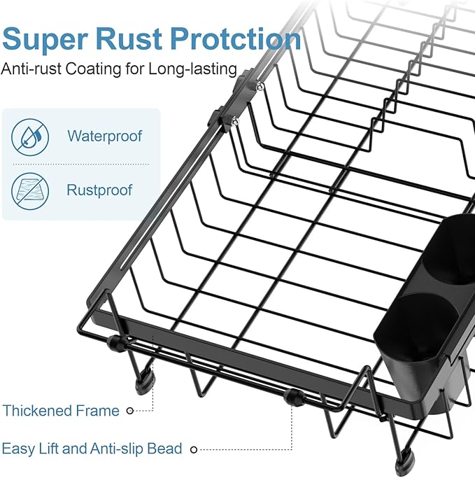 iSPECLE Expandable Dish Drying Rack for Large Kitchen Sink - Rust Resistant Adjustable Over The Sink Dish Drainer with Tightening Knob, Arms with Non Slip Rubber, 12.8" W x 15.8"-20.7" L, Black