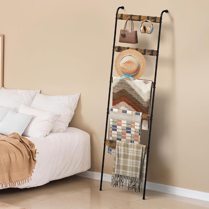 Blanket Ladders for the Living Room 5 Tier Towel Ladder for Bathroom with 10 Removable Hooks Wall Leaning Quilt Rack for Bedroom Display Rustic Farmhouse Home Decor, Rustic Brown