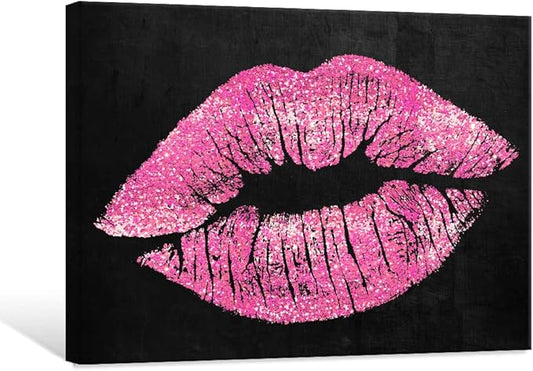 7CANVAS Black and Pink Lips Canvas Wall Art Fashion and Glam Poster Sexy Lip Picture Gallery Wrap for Bathroom Bedroom Makeup Room Wall Decor 24x18Inch