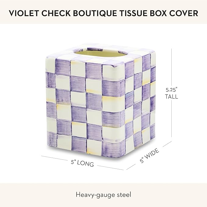 MACKENZIE-CHILDS Boutique Tissue-Box Cover, Square Tissue Holder for Home Decor, Purple-and-White Violet Check