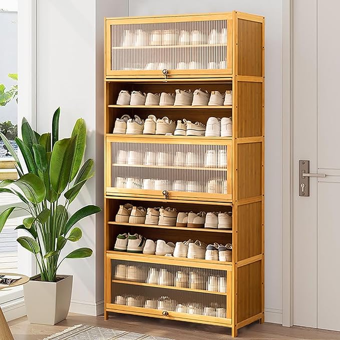 10-Tier Large Shoe Cabinet with Acrylic Doors, Large Capacity Bamboo Shoe Cabinet, 40-45 Pairs Shoe Rack, Free Standing Shoe Rack,Entrance for Hallway Living Room