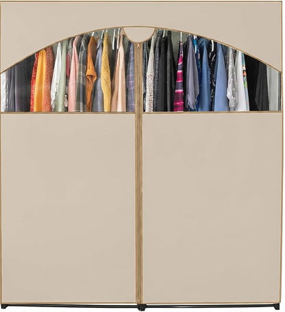 HOLDN’ STORAGE Portable Wardrobe Closet - 65 lb Large Capacity, Internal Heavy Duty Metal Rod, Zipper & Clear Window, Durable Clothes Organizer, Tool-Free Easy Assembly, Beige Canvas Cover