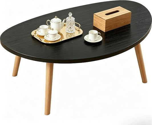 Coffee Table Low Table with Solid Wood Legs, 31.5x19.7 Large Coffee Table Side Table, Floor Table Desk for Sitting on The Floor, Living Room Furniture for Office Apartment Home, Pebble-Black