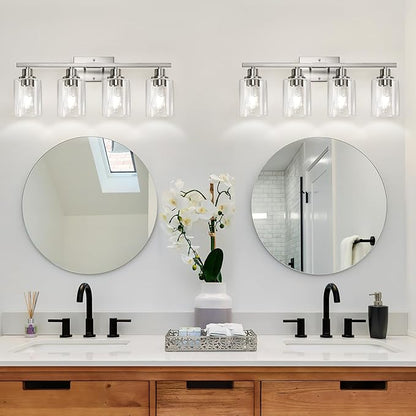 4-Light Bathroom Light Fixtures, Vanity Light with Clear Glass Shades, Brushed Nickel Bathroom Light Fixtures Over Mirror, Modern Bathroom Wall Lamp for Mirror Living Room Cabinet Bedroom