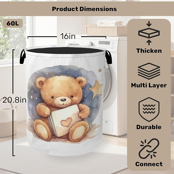 Cute Bear Good Night Foldable Canvas Laundry Basket with Handles - Toy Organizer, Heavy Duty for Home，Bedroom, Dorm, Bathroom