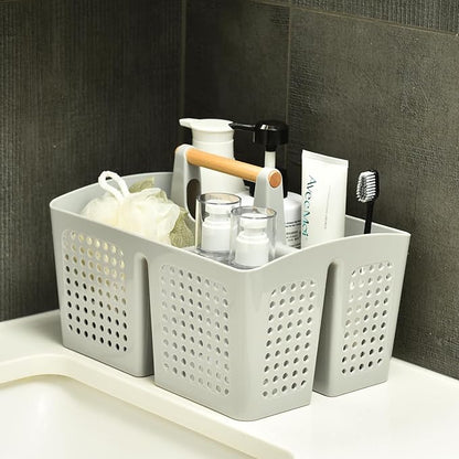Portable Shower Caddy Basket with Compartments, Plastic Divided Cleaning Caddy Organizer Storage Tote with Handle for Bathroom, College, Dorm Room Essentials, Light Gray