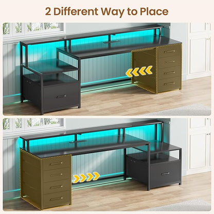 SEDETA Computer Desk with 5 Drawer, Power Outlet & Led Lights, 66'' Home Office Desk with File Drawer, Storage, Monitor Shelf, Gaming Desk, Black
