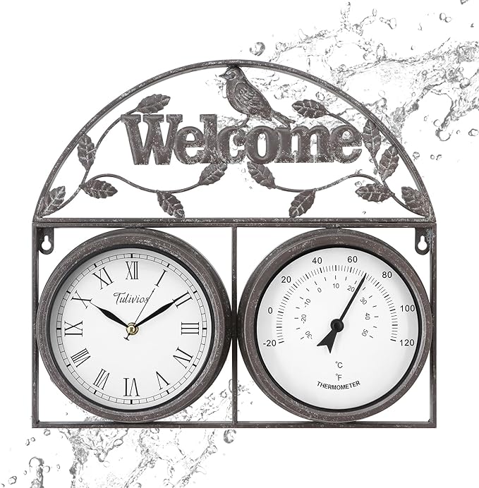 17Inch Large Outdoor Clock,Waterproof Wall Clock with Thermometer,Weatherproof Non-Ticking Quartz Battery Operated Decor Clock for Patio,Garden,Pool,Porch,House Warming Gifts