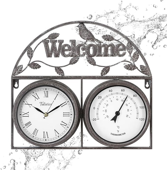 17Inch Large Outdoor Clock,Waterproof Wall Clock with Thermometer,Weatherproof Non-Ticking Quartz Battery Operated Decor Clock for Patio,Garden,Pool,Porch,House Warming Gifts