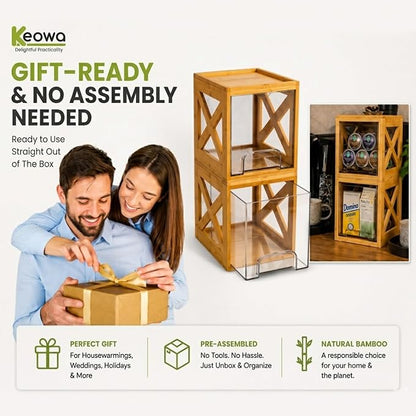Stackable Bamboo Snack Drawer Organizer (2 Pack) – Pull-Out Storage Bins with Clear Acrylic Drawers – Pantry Storage for Snacks, Coffee Pods, Spices & K-Cups