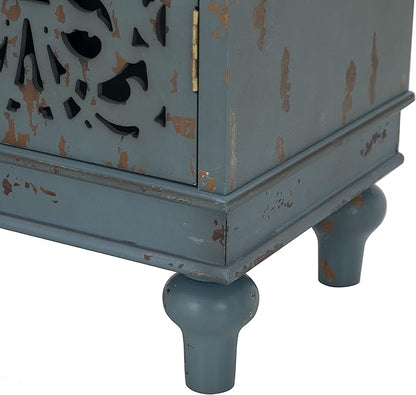 Sophia & William Small Accent Cabinet with Single Door, 31.5" Tall Side End Table, Distressed Nightstand with Hollow Carved Door, Blue