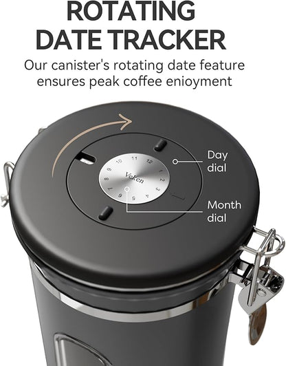 Veken Coffee Canister with Window,Airtight Stainless Steel Kitchen Food Storage Container, Date Tracker & Scoop for Grounds Coffee, Beans, Tea, Flour, Cereal,Sugar,22OZ,Grey (Pack of 2)