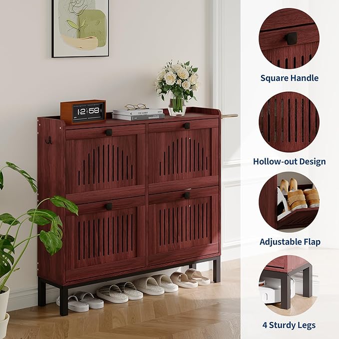 Garvee 4 Flip Drawer Shoe Cabinet with Adjustable Shelves, Hidden Shoe Organizer with Large Capacity, Freestanding Wooden Shoe Rack for Entryway, Hallway, Living Room, Walnut