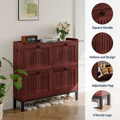 Garvee 4 Flip Drawer Shoe Cabinet with Adjustable Shelves, Hidden Shoe Organizer with Large Capacity, Freestanding Wooden Shoe Rack for Entryway, Hallway, Living Room, Walnut