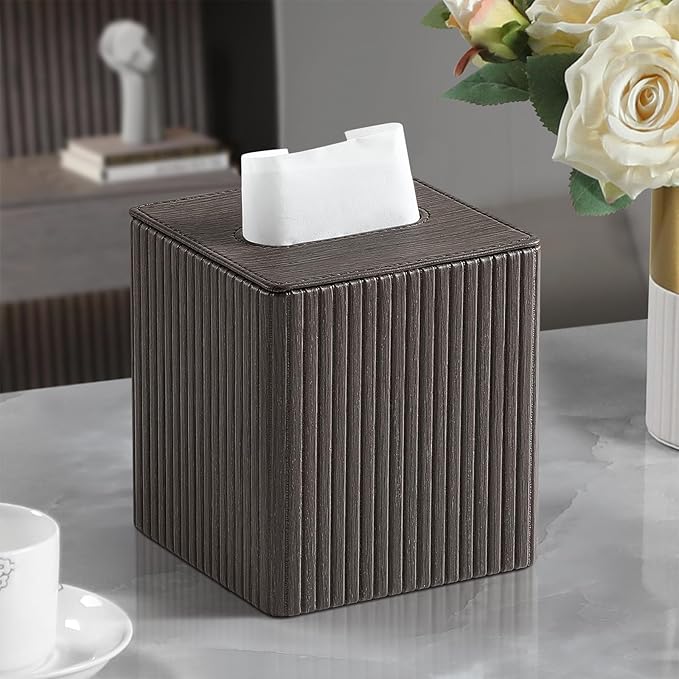 MEIBOOCH PU Leather Tissue Box Cover Square Tissue Box Holder with Magnetic Closure (Dark Brown)