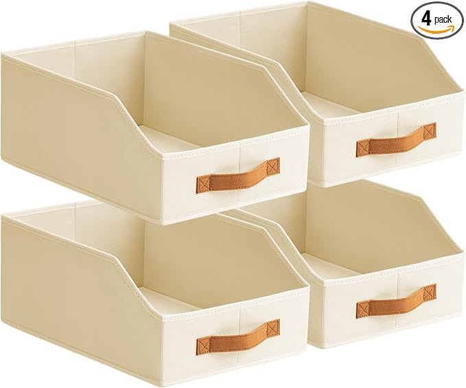 Homsorout Fabric Storage Bins for Organizing - 4 Pack Large Trapezoid Collapsible Storage Bins with Front Handle, Closet Organizers and Storage for Bedroom, Home Shelves, Small Spaces, Beige