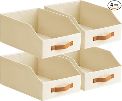 Homsorout Fabric Storage Bins for Organizing - 4 Pack Large Trapezoid Collapsible Storage Bins with Front Handle, Closet Organizers and Storage for Bedroom, Home Shelves, Small Spaces, Beige