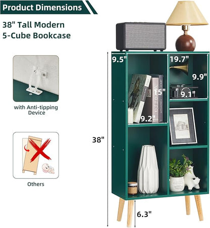 LEYAOYAO 5 Cube Bookshelf 3-Tier Bookcase with Legs,Mint Dark Green Kids Book Shelf Cute Storage Organizer,Free Standing Open Toy Shelves Wood Bookshelves,Display Bookcases for Bedroom,Living Room