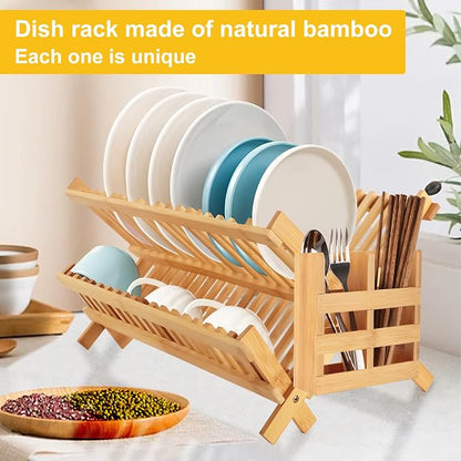 Tefola Bamboo Dish Drying Rack, 2-Tier Foldable Design with Utensil Holder, Kitchen Plate Rack Dish Drainer Rack Dish Racks for Kitchen Counter, 16.5 x 17 inches