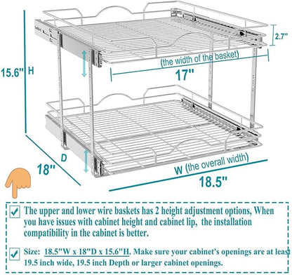 OCG 2 Tier Pull Out Cabinet Organizer (18.5" W x 18" D), Pull Out Drawers for Kitchen Cabinets, Pull Out Shelves for Base Cabinet Organization in Kitchen Bathroom Pantry, Chrome Finish