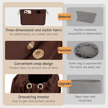 GIVLEFLY，Drawstring，Purse Organizer, Satin material Bag Organizer Insert Purse Organizer For Tote, Handbag,Satin material，Portability (Brown,Large)