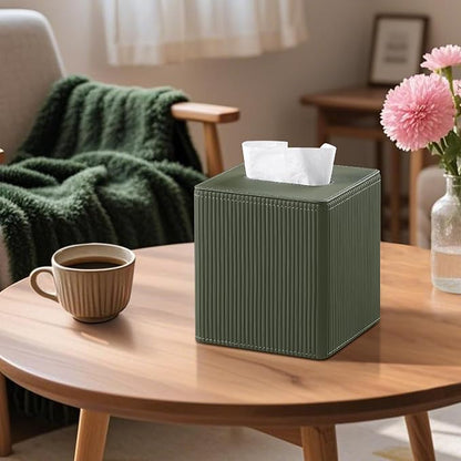Tissue Box Cover Square with Magnetic Closure, PU Leather Tissue Box Holder for Bathroom NightStands Livingroom, Decorative Modern Square Tissue Holder (Green)