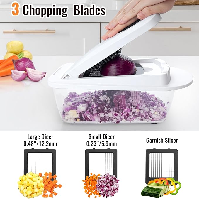 12 Blade All-in-1 Vegetable Chopper Mandoline Slicer with Container, Spiralizer with Containers, Food Chopper, Onion Chopper, Veggie Cutter for Salad, Kitchen Gadgets Accessories Essentials, White