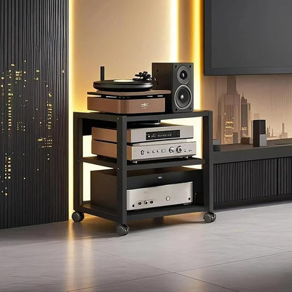 3 Tier AV Media Stand, Audio Rack Tower Stereo Components Cabinet, Home Theatre CD Record Player Stereo Receiver Equipment Rack with Adjustable Wood Shelves, Load 220lbs (Black)