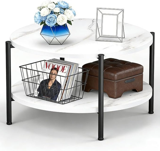 FAMIDGE Round Coffee Table, 27.6" Circle Coffee Table for Living Room, 2-Tier Wood Accent Center Table with Open Storage Industrial Design Home Furniture, White