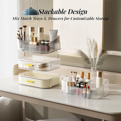 Delamu Makeup Organizer for Vanity with Stackable Drawers, 360 Rotating Makeup Brush Holder Large Cosmetic Display Case, Bathroom Skincare Storage, Elegant White, Ideal Christmas Gifts for Girls