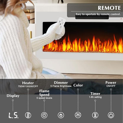 LEMBERI 70" TV Stand with 36" White Electric Fireplace, 750W/1500W Entertainment Center for TVs up to 80", 20-Color LED, 300lbs Max Capacity High Gloss Cabinet Console, All-White Style