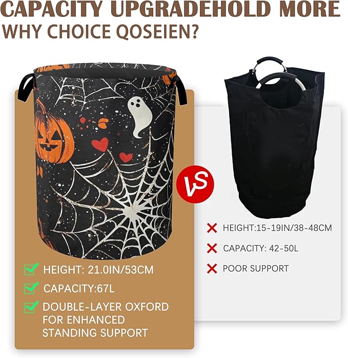 Halloween Laundry Basket Pumpkin Collapsible Hamper with Handles, Bat Spider Web Waterproof Oxford Storage Bin for Bathroom Bedroom Nursery Home Halloween Decor 16"x20"