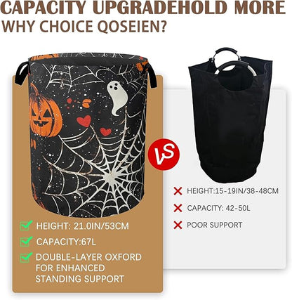Halloween Laundry Basket Pumpkin Collapsible Hamper with Handles, Bat Spider Web Waterproof Oxford Storage Bin for Bathroom Bedroom Nursery Home Halloween Decor 16"x20"
