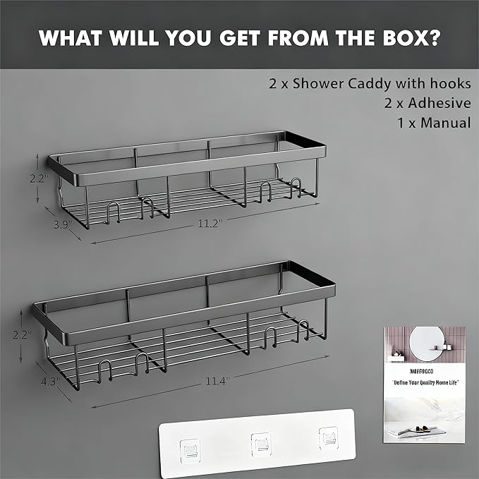 Moforoco Shower Caddy Shelf Organizer Rack, Self Adhesive Black Bathroom Shelves Basket, Home Farmhouse Wall Inside Organization and Storage Decor Rv Accessories, First Camper Apartment Essentials