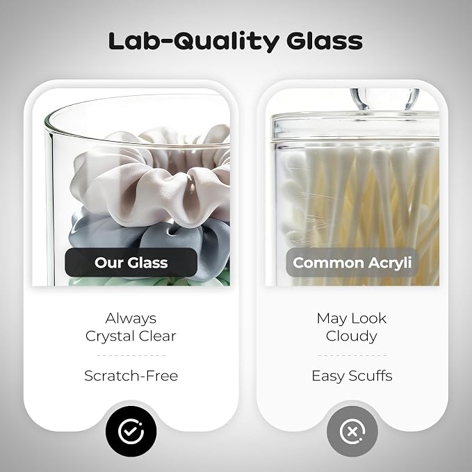 Glass Qtip Holder Dispenser Set - 15oz & 10oz Cotton Swab Holder with Black Wooden Lids, Bathroom Canisters Apothecary Jar Vanity Storage Organizer for Cotton Balls, Floss Picks (6 Pack)
