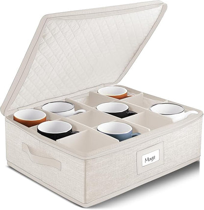 Hearth & Harbor Coffee Mug Storage, Quilted and Stackable Coffee Cup Storage Organizer for Service of 12, Mug Storage Box with Dividers, China Containers Hard Shell for Moving and Organization, Cream