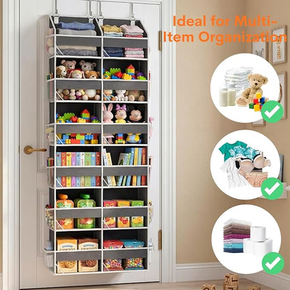 Over the Door Organizer 6 Tiers, Extra Large Behind Door Storage of 12 Compartments, 80 lbs Weight Capacity Hanging Storage Organizer with Clear Window Kids Toys, Shoes, Diapers, Room storage
