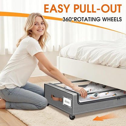 SpaceHacks Under Bed Storage with Wheels 1Pack Underbed Storage with Clear Window&Label Under Bed Drawers Large Capacity Rolling Under Bed Storage for Clothes,Shoes, Blankets (Light Grey)