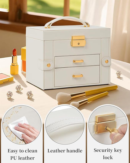 TORIBIO Jewelry Box for Women, Leather Jewelry Organizer with Mirror & Lock, 3-Tier Jewelry Storage Organizer with 2 Drawers for Girls/Women/Mothers, Necklace Earring Bracelets Holder Organizer