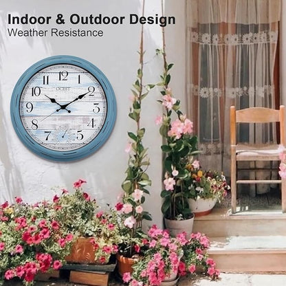 OCEST 16 Inch Indoor Outdoor Clock, Waterproof Large Wall Clock with Thermometer, Silent Non-Ticking Battery Operated Decor for Patio Pool Porch Garden Garage（Blue）