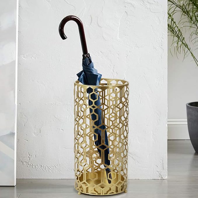 Joveco Metal Umbrella Racks, Gold Round Stand Holder Organizer with Drip Tray, Freestanding Holders for Canes Walking Sticks Entryway Home Office (Gold)