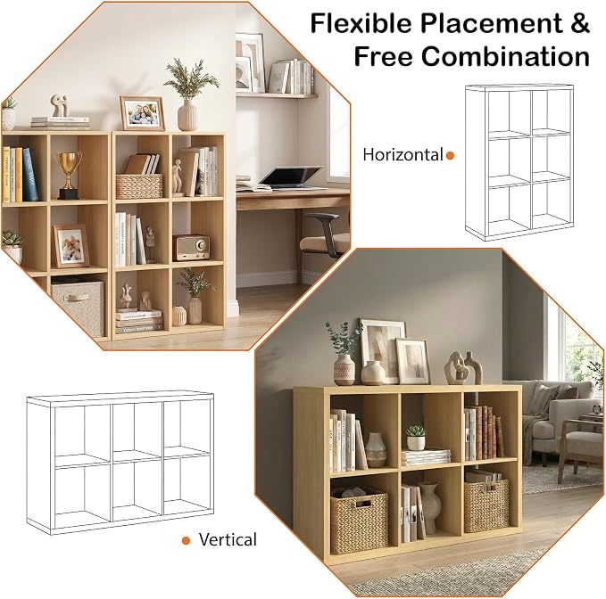WannabeMyself【2026 Wooden Thick Frame】 6 Cube Storage Organizer with Anti-Tipping Kits, Reversible Open Back Book Shelf,Bookcase for Living Room,Bedroom,Entrance Hall,Office,11.6×36.3×24.6,Oak Color