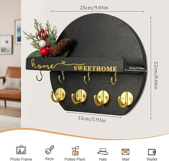 Key Holder for Wall, Key and Mail Holder Organizer - Key Holder Wall Mount with Bouquet Shelf and Key Hooks, Round Wooden Rustic Key Rack for Entryway and Home Decor (Black)