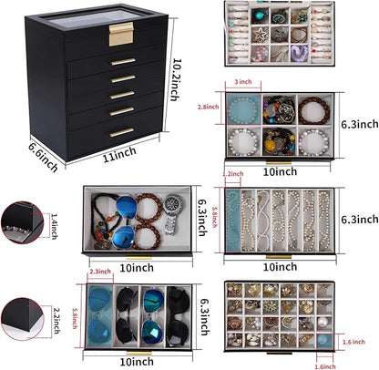 BOOVO Jewelry Boxes for Women, White and Black 6 Layer Large Jewelry Box for Necklace, Bracelet, Earrings, Rings Storage, Jewelry holder Organizer for Girls Gift (Clear Black, 6 layer)