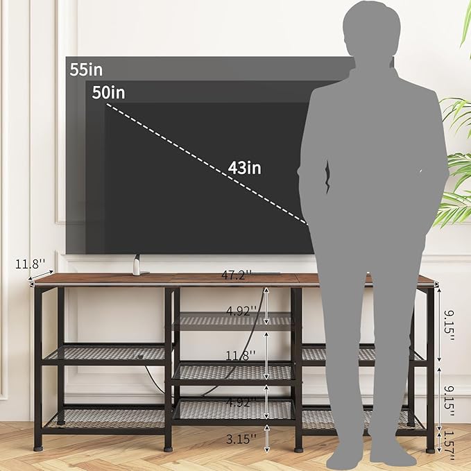 YGEOMER TV Stand for Living Room TVs Up to 50 Inches, Entertainment Center with Power Outlet and LED Lights Open Storage Shelves, TV Console for Bedroom, Rustic Brown
