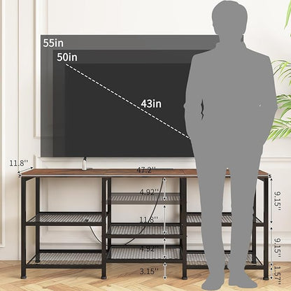 YGEOMER TV Stand for Living Room TVs Up to 50 Inches, Entertainment Center with Power Outlet and LED Lights Open Storage Shelves, TV Console for Bedroom, Rustic Brown