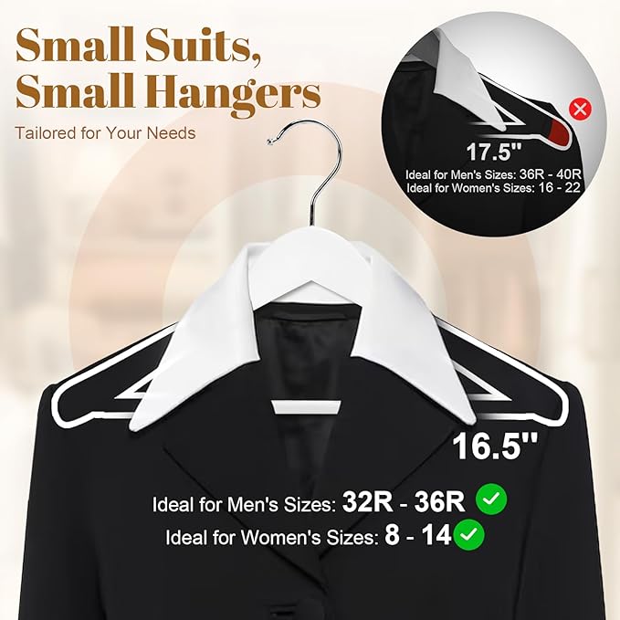 HOUSE DAY Wooden Suit Hangers 6 Pack，Heavy Duty Wide Shoulder Hangers, Solid Wood Coat Hanger with Non-Slip Pant Bar for Petite Adults, Teens and Small Suits, Coats, Jackets (White, 16.5‘’)