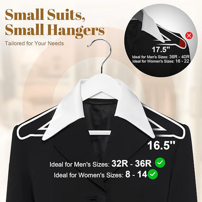 HOUSE DAY Wooden Suit Hangers 6 Pack，Heavy Duty Wide Shoulder Hangers, Solid Wood Coat Hanger with Non-Slip Pant Bar for Petite Adults, Teens and Small Suits, Coats, Jackets (White, 16.5‘’)